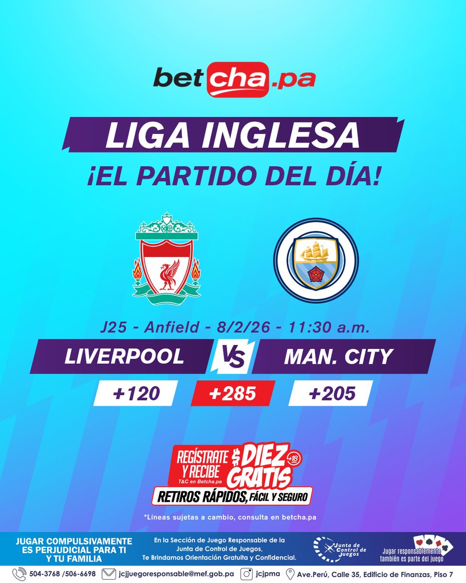 ¡PARTIDAZO EN 🏴󠁧󠁢󠁥󠁮󠁧󠁿! 

Anfield será el escenario para el partido de la fecha en la Premier. Liverpool 🆚 Manchester City y así están las líneas para que juegues en betcha.pa ✔️ 

¿Tendremos ganador o empate? 

📲 Regístrate en betcha.pa y recibe $10 DE