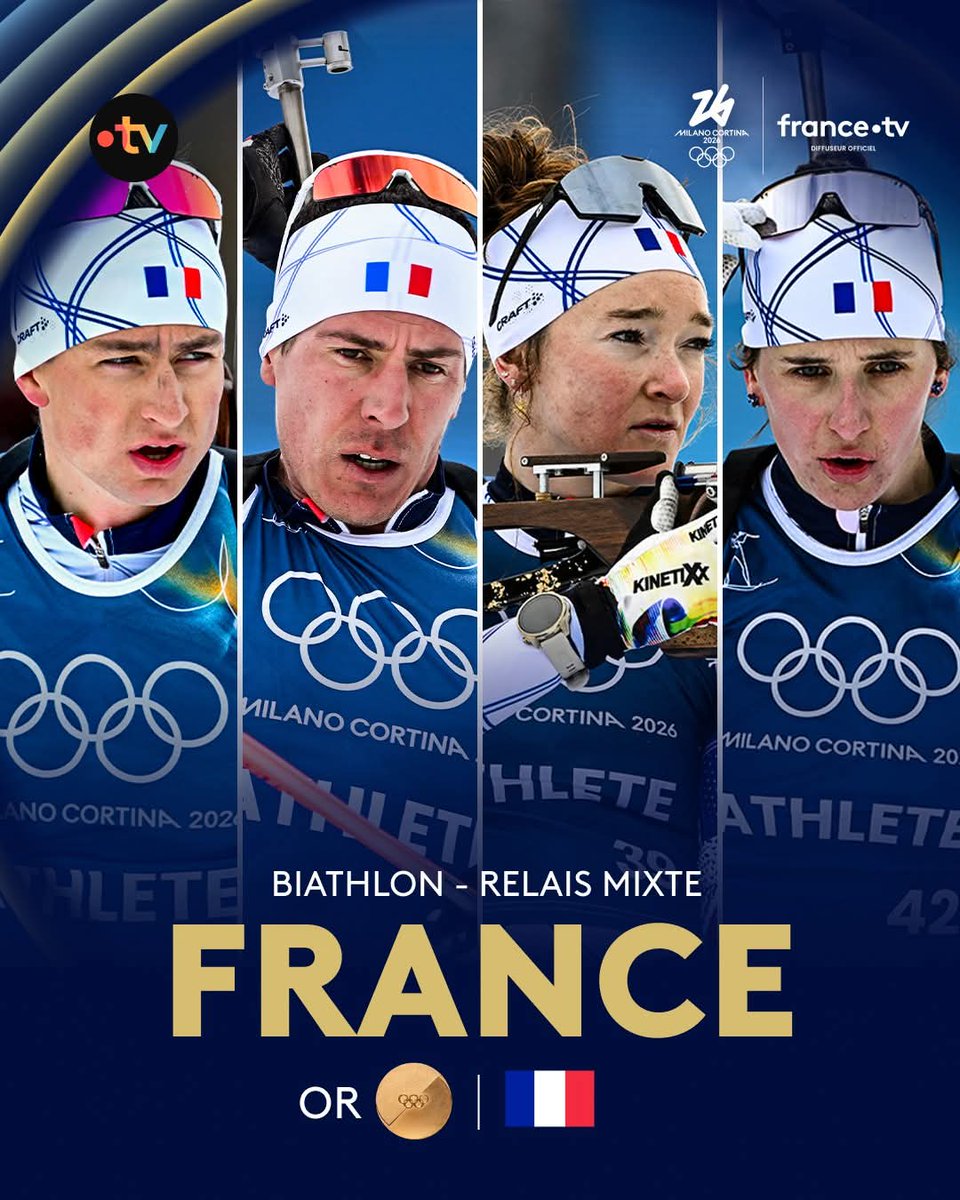 Isazou3's tweet photo. Ça c'est fait 💪 #MilanoCortina2026 | 🥇🇫🇷 L'ÉQUIPE DE FRANCE DE BIATHLON EST CHAMPIONNE OLYMPIQUE DU RELAIS MIXTE !
🤩 Nos Tricolores étaient favoris : ils ont assumé leur statut pour offrir la première médaille d'or à la délégation française ! https://t.co/3wqQktHsJd