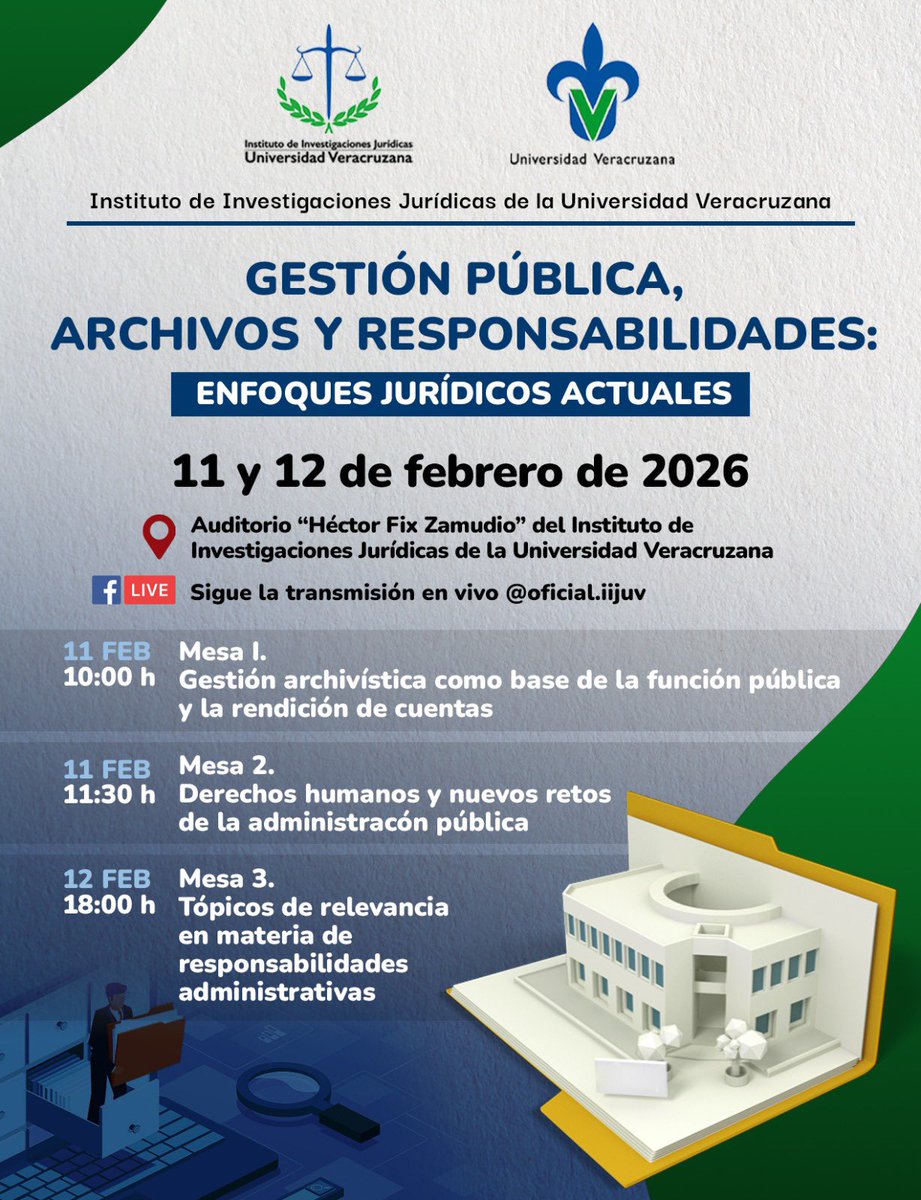 Atenta invitación al conversatorio titulado “Gestión pública, archivos y responsabilidades: enfoques jurídicos actuales”.

11 y 12 de febrero de 2026.

Auditorio “Héctor Fix Zamudio” del IIJUV.