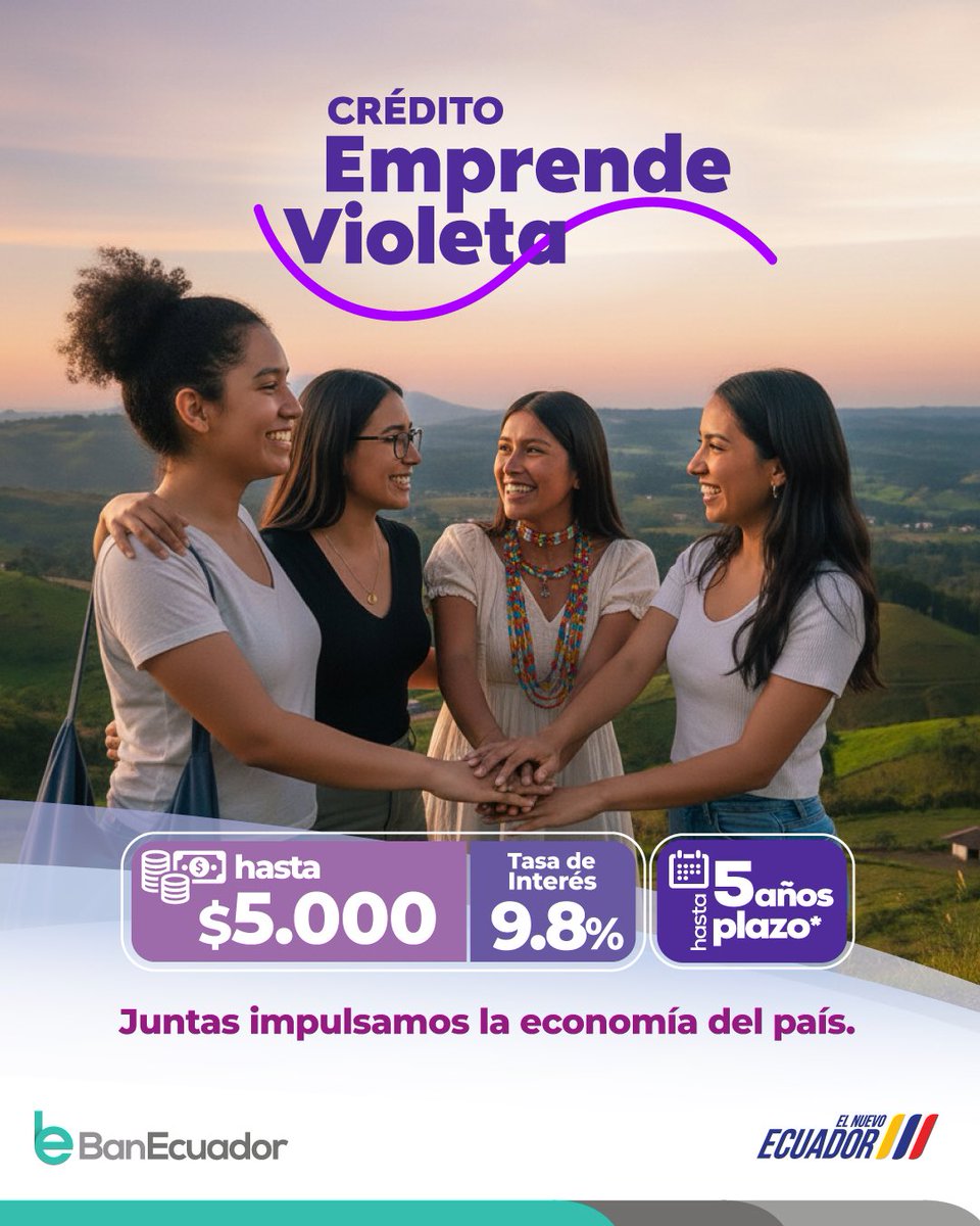 Potenciamos las capacidades de las mujeres para promover su participación en la economía.
El #CréditoEmprendeVioleta tiene la tasa más baja de la historia: 9,8%.
💜Un financiamiento justo para que sigan transformando el país con su trabajo.✨

Requisitos:
acortar.link/lPN6e7