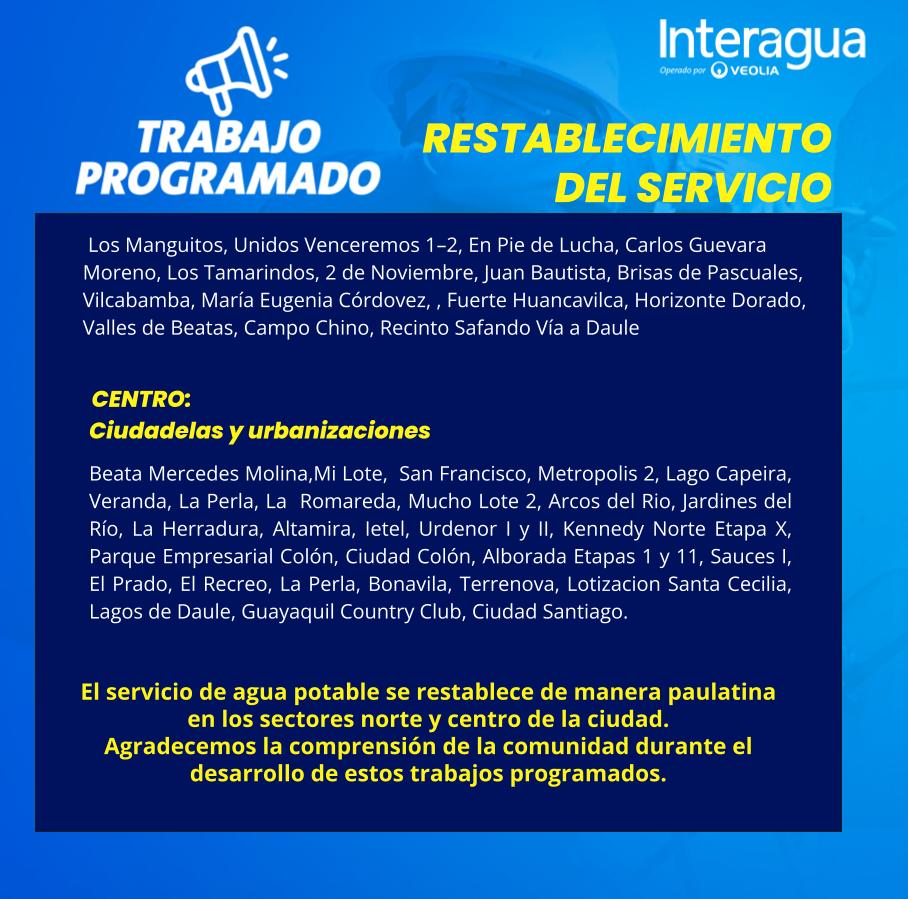 interagua's tweet photo. 📷📷 #InteraguaInforma #TrabajoProgramado
El trabajo de mantenimiento eléctrico anual en Planta La Toma ha finalizado con éxito, a las 08h30. El servicio de agua potable se restablece de forma paulatina en los sectores norte y centro de la ciudad. 📷
Agradecemos la comprensión de la comunidad. 📷
#norteguayaquil #centroguayaquil #interaguaelaguadelosguayaqui