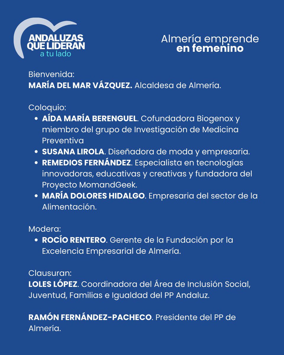 ANDALUZAS QUE LIDERAN A TU LADO es un espacio donde la mujer es la protagonista.

Abordaremos el emprendimiento en femenino y lo haremos con mujeres que lideran y tienen mucho que decir.

📲Inscríbete: ppandalucia.es/eventos-actos/…

#AndaluciaATuLado
#AndaluzasQueLideranATuLado