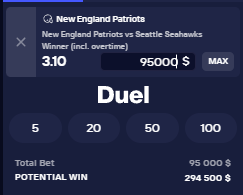Dollartree_1's tweet photo. @dillondanis Hey Dillon, Dollartree here.

I really don't like that you are betting on the Patriots because I am too, BUT I am getting much better odds on Duel.  $13k+ more for the same bet buddy. https://t.co/VWIikkd272