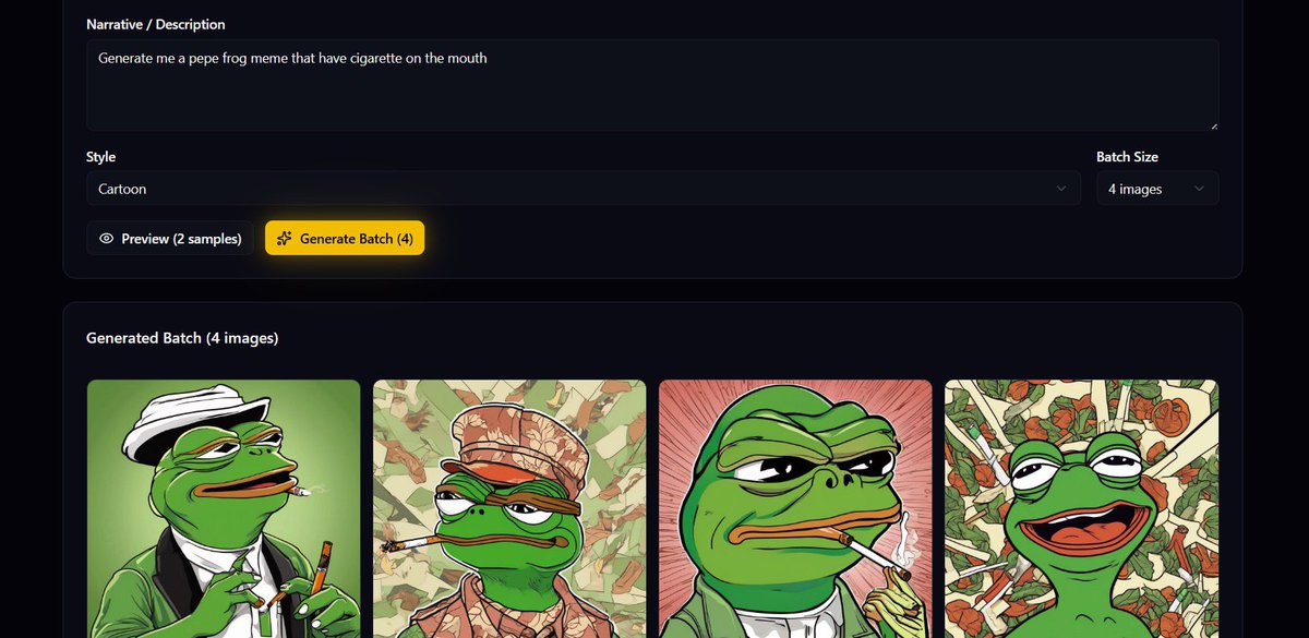 just cooked up some fresh Pepe vibes with a cigarette twist 🔥🐸

tried the free 10 tokens trial on mymeta.dev – cartoon style batch came out fire 😤

which one's your fave? 1, 2, 3 or 4?
generate your own memes in seconds, no wallet needed to start

💡 $META will