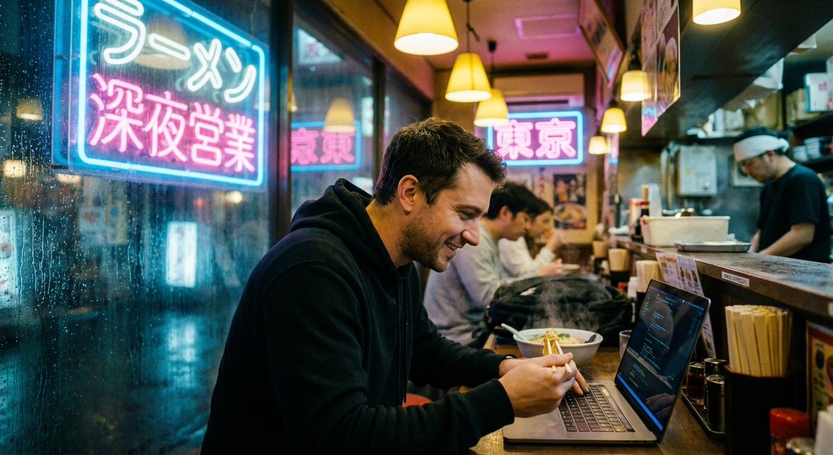 Midnight debugging at a Tokyo ramen bar. Neon glow, steaming bowl, clean code. This is the way. 🍜💻

Full prompt → mini.kuble.com/tweets/tokyo-r…

What's your ideal coding spot?