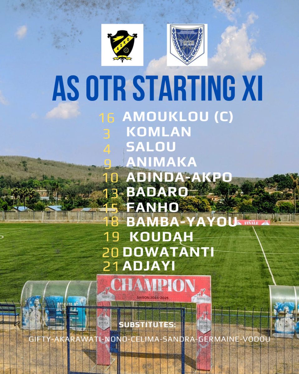 𝙎𝙏𝘼𝙍𝙏𝙄𝙉𝙂 𝙓𝙄 ⚽ 🔥
𝗢𝗕𝗝𝗘𝗖𝗧𝗜𝗙 🏆 💪
Le 𝗫𝗜 𝗱𝗲 𝗱𝗲́𝗽𝗮𝗿𝘁 aligné par AMENYO Rebecca pour cette finale ! ⚔️ #ASKOTR
🩵🤍
<a href="/FtfTogolaise/">FTF-Fédération Togolaise de Football</a>