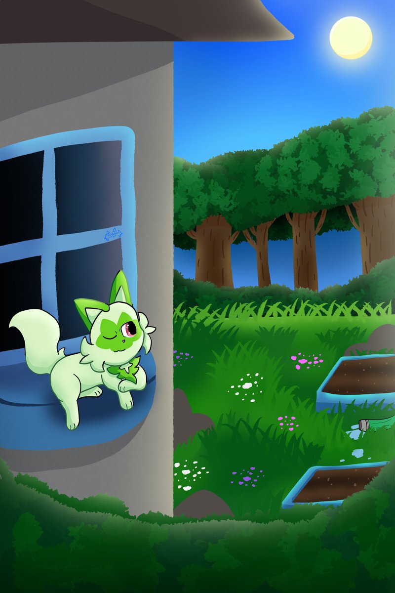 Sprigatito day! Just chillin' by the window as cats like to do

#sprigatito #pokemon #art #ニャオハの日