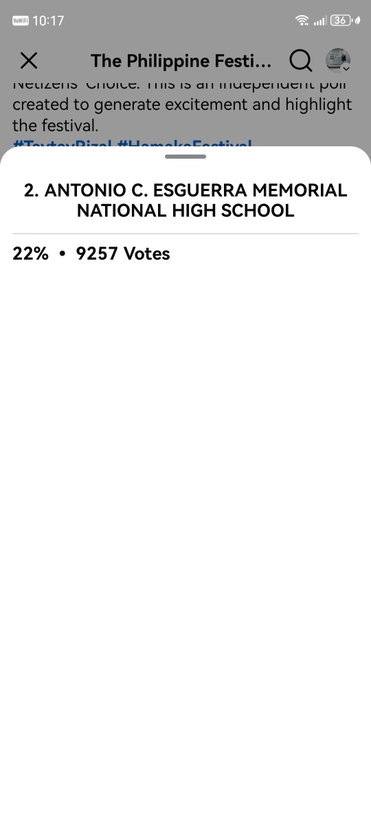 ANOTHER CHALLENGE!!

A sponsor will donate 500 pesos if the votes reached 12k votes and she will donate 2k if manalo yung school nila. please, help us reach the goal! palapag na lang ng proof of vote niyo here.

VOTE: ANTONIO C. ESGUERRA MEMORIAL NATIONAL HIGH SCHOOL