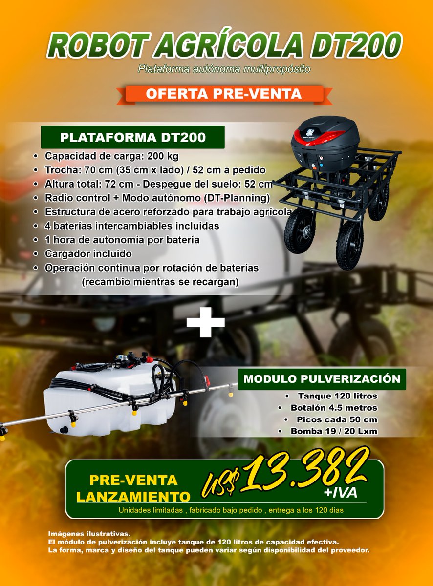 DronagroF's tweet photo. DT200 + Módulo de Pulverización.

Capacidad: Tanque de 120 litros y botalón de 4,5 metros.

Autonomía: 4 baterías intercambiables (1 hora cada una).

Precio Pre-venta: US$ 13.382 + IVA.

Fabricación bajo pedido. Entrega a los 120 dias

#drone #aricultura #Robotica #Campo #DT200 https://t.co/fjgihpZo79