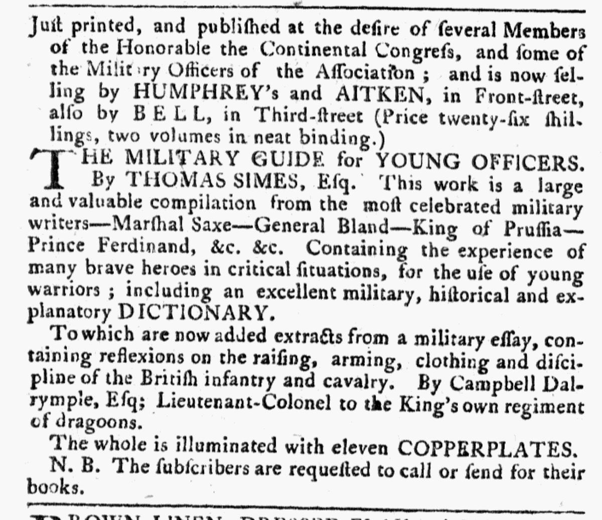 What was advertised in a revolutionary American newspaper 250 years ago today?

“THE MILITARY GUIDE for YOUNG OFFICERS.  By THOMAS SIMES, Esq.”

Adverts 250 Project: Featured Advertisement for February 22
#Adverts250

Learn more: adverts250project.org/2026/02/22/feb… (Image: <a href="/Readex/">Readex</a>)