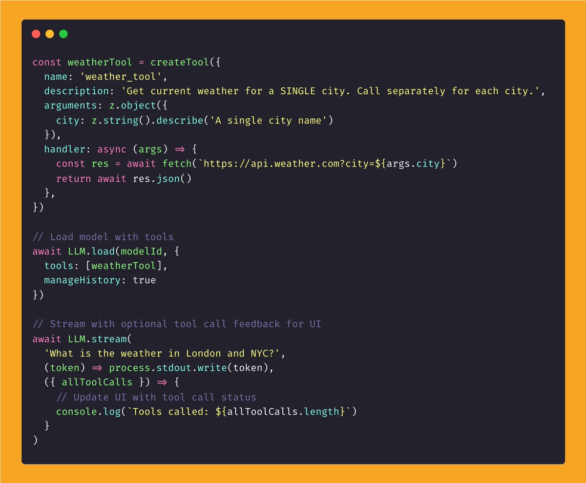 ReactNativeRwd's tweet photo. 𝗿𝗲𝗮𝗰𝘁-𝗻𝗮𝘁𝗶𝘃𝗲-𝗻𝗶𝘁𝗿𝗼-𝗺𝗹𝘅 is a React Native library for running large language models (LLMs) efficiently on-device using Nitro Modules. It lets you extend model capabilities by connecting to external tools or APIs through a clean tool calling interface.

One important piece powering this is 𝗺𝗹𝘅-𝘀𝘄𝗶𝗳𝘁, a native Swift library that provides the core machine learning runtime and bindings. It’s designed for high-performance, on-device ML inference, which 𝗿𝗲𝗮𝗰𝘁-𝗻𝗮𝘁𝗶𝘃𝗲-𝗻𝗶𝘁𝗿𝗼-𝗺𝗹𝘅 leverages to run models smoothly on iOS.

What does this mean in practice?

➡️ 𝗿𝗲𝗮𝗰𝘁-𝗻𝗮𝘁𝗶𝘃𝗲-𝗻𝗶𝘁𝗿𝗼-𝗺𝗹𝘅 handles loading and interacting with LLMs in React Native apps.
➡️ It uses 𝗺𝗹𝘅-𝘀𝘄𝗶𝗳𝘁 under the hood for fast, native ML execution on iOS.
➡️ The library supports 𝘁𝗼𝗼𝗹 𝗰𝗮𝗹𝗹𝗶𝗻𝗴, letting models invoke external functions during generation — like fetching live weather data or querying databases — enabling dynamic, interactive AI apps.

This setup means your app can combine fast, local model inference with real-time external data or functionality, all integrated seamlessly in React Native.

#ReactNative #AI #MachineLearning #NativeModules #LLM #MobileDev #JavaScript #OpenSource #ToolCalling #Swift