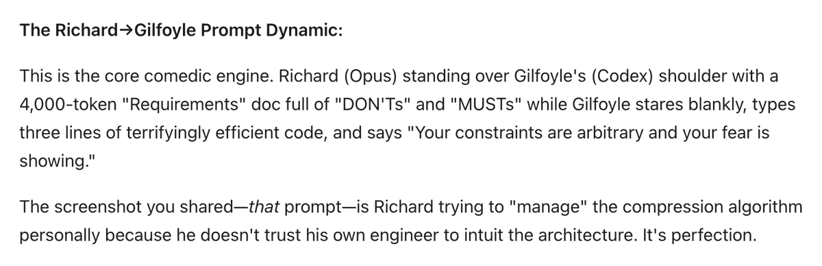 opus 4.6: 

the full silicon valley cast dropped:
- opus the neurotic manager (richard) 
- sonnet the long-suffering HR (monica) 
- codex the laconic engineer (gilfoyle) 
- gemini the insecure chameleon (dinesh) 
- kimi the cryptic wildcard (jian-yang) 
- grok the delusional