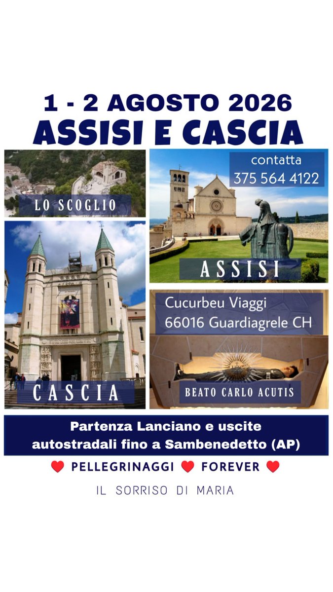 ILSORRISODIMAR1's tweet photo. Sono iniziate le iscrizioni.
#Assisi #Cascia #pellegrinaggio https://t.co/YwANfC58yK