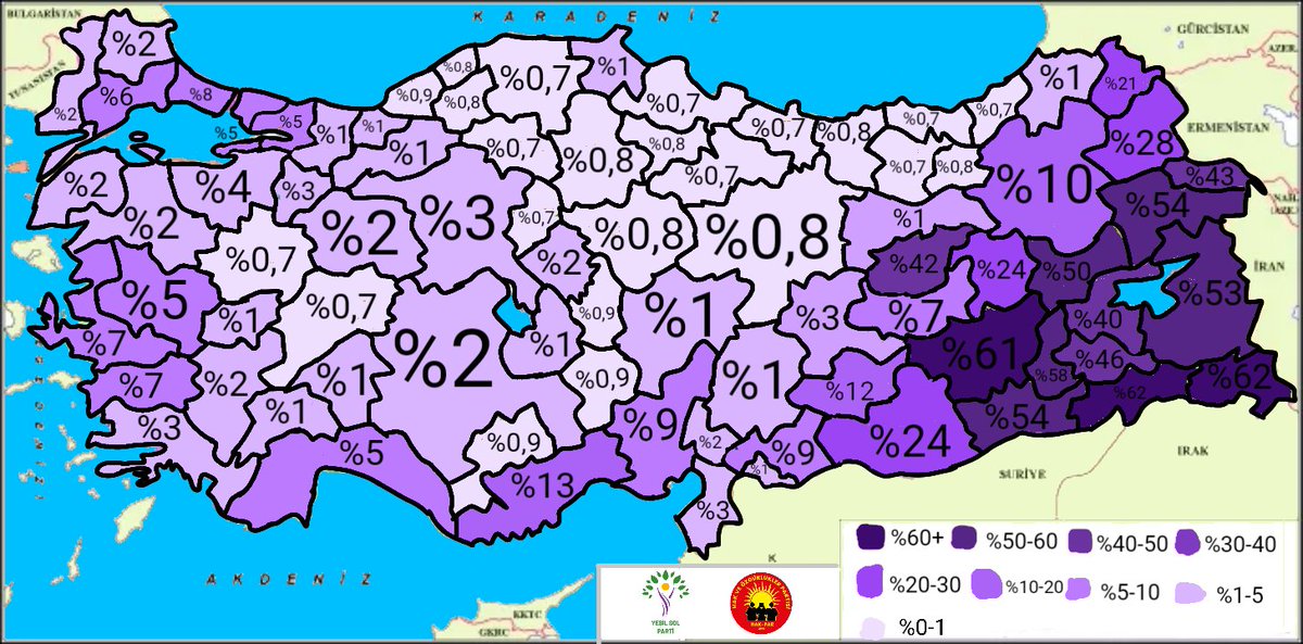Türkiye genelinde Kürtçü partilere şehir şehir verilen oy oranı haritası.