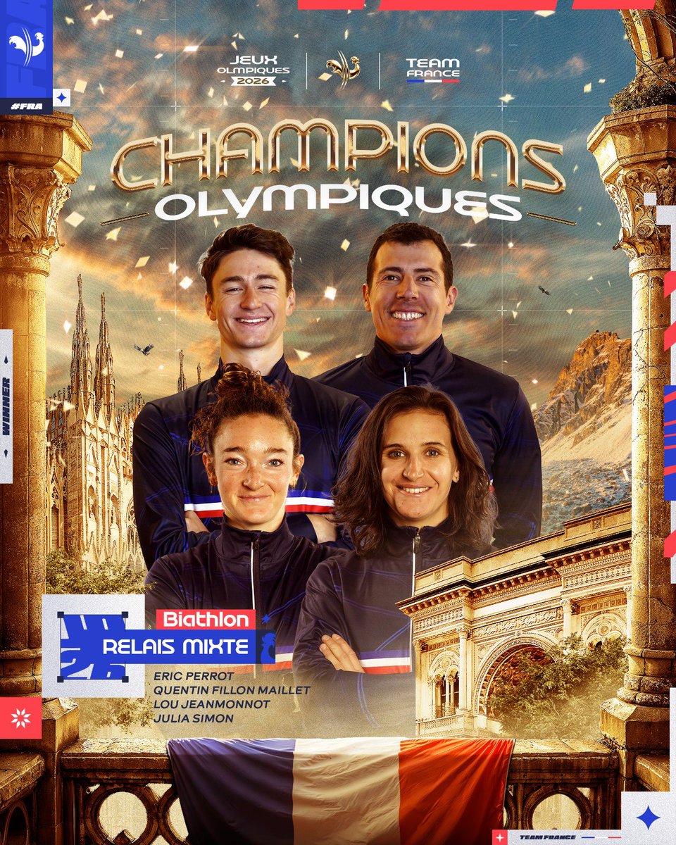 🥇Première médaille d’or française aux J.O de Milan-Cortina.

Félicitations à Lou Jeanmonnot, Julia Simon, Éric Perrot et Quentin Fillon Maillet, qui prouvent une nouvelle fois que la France règne sur le biathlon ! 

#MilanoCortina2026
