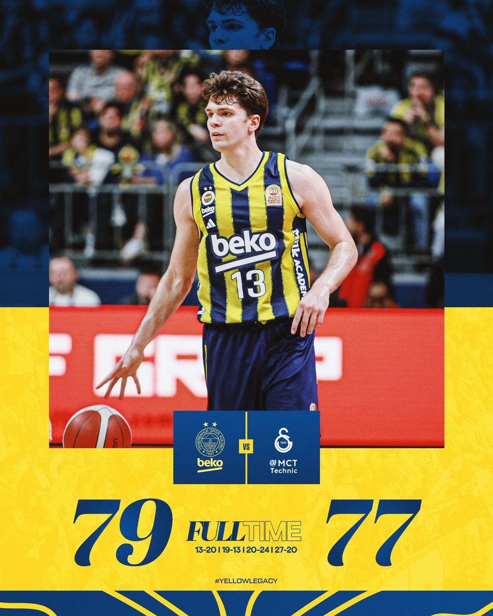 Maç Bizim! 😎
Haftayı 3️⃣ galibiyetle tamamlıyoruz! 💪

Maç Sonucu | Fenerbahçe Beko 🆚 Galatasaray MCT Technic: 79-77

Skor dağılımımız: Biberovic 21, Horton-Tucker 12, De Colo 8, Birch 7, Baldwin 7, Boston Jr. 6, Onuralp 6, Melli 6, Jantunen 5, Metecan 1. #YellowLegacy