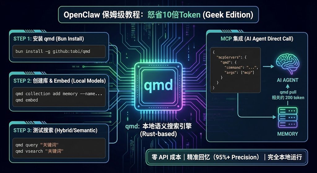 onehopeA9's tweet photo. OpenClaw保姆级教程，让你怒省10倍token

这几天和 @openclaw  玩的不亦乐乎，推文都发少了😅
openclaw什么都好，就是太消耗token，那么作为家境贫寒的未来A9，我们就得开洞小脑瓜了。 

有没有办法让 agent “精准回忆”，同时完全零成本？有。

qmd —— 本地运行，免费永久，精准度 95% 以上。

qmd 是 Shopify 创始人 Tobi 做的本地运行的语义搜索引擎，基于 Rust，专为 AI Agent 设计。核心功能包括混合搜索（BM25 全文 + 向量语义 + LLM 重排序），零 API 成本，完全本地运行，且支持 MCP 集成。

3 步配置，10 分钟搞定
第 1 步：安装 qmd
需要先安装 Bun，然后执行：

bun install -g github:tobi/qmd
首次运行会自动下载模型（Embedding 和 Reranker），下载完成后即可完全离线运行。

第 2 步：创建记忆库 + 生成 embeddings
进入 OpenClaw 工作目录，索引你的 memory 文件夹：

# 创建记忆库
qmd collection add memory --name daily-logs --mask "**/*.md"

# 生成 embeddings
qmd embed
索引速度极快，本地运行不联网。

第 3 步：测试搜索
# 混合搜索（最精准）
qmd query "关键词"

# 纯语义搜索
qmd vsearch "关键词"
进阶：MCP 集成

让 AI agent 直接调用 qmd，在 mcporter.json 里加一段配置：
{
  "mcpServers": {
    "qmd": {
      "command": "/Users/你的用户名/.bun/bin/qmd",
      "args": ["mcp"]
    }
  }
}
配置好后，agent 会主动从历史 log 中找最相关的段落，跨文件精准回忆，不再靠你手动提醒。

实际效果
场景 1：回忆用户偏好。不再需要把整个 2000 token 的 https://t.co/CP8UkMg8Hn 塞进去，qmd 只返回相关的 200 token，省钱又精准。
场景 2：跨文件知识检索。自动从所有 memory 文件中找最相关段落，准确率极高。
如果你在用 OpenClaw 觉得 token 烧得心疼，赶紧折腾起来。