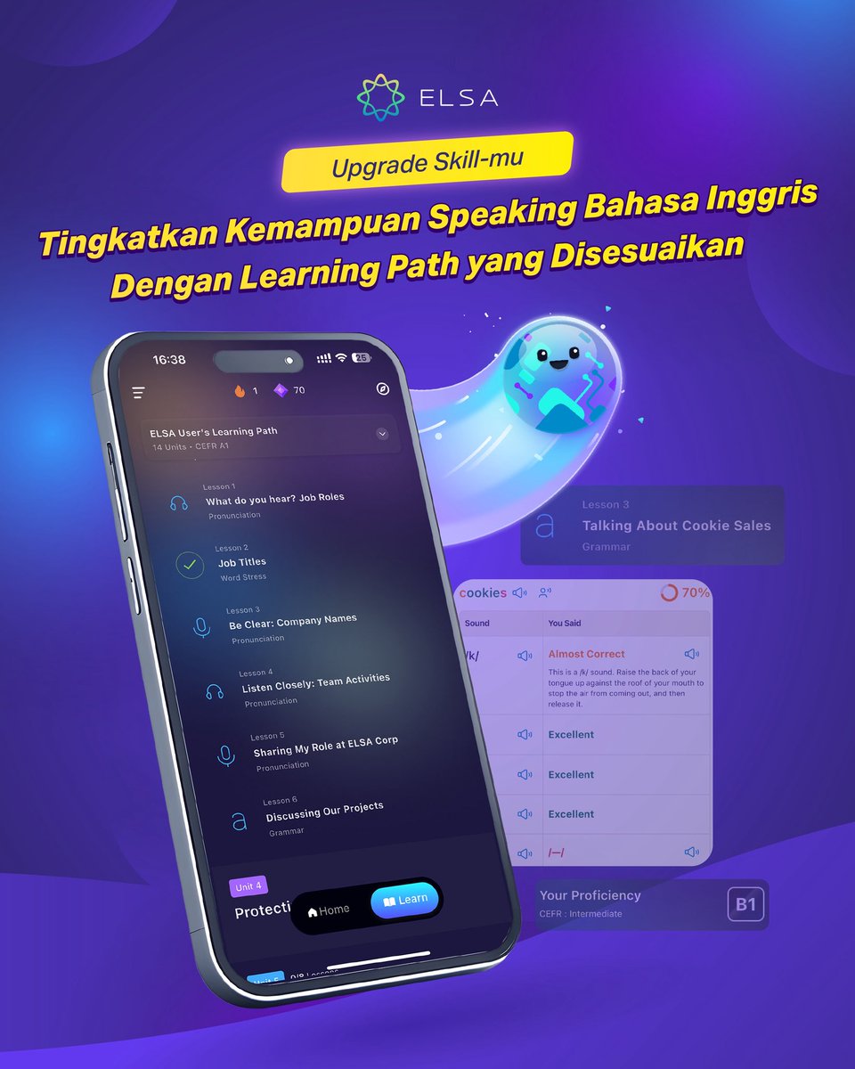 elsaspeakID's tweet photo. Belajar Bahasa Inggris lebih cepat kalau ada panduannya!

Dengan Personalized Learning Path di ELSA Speak, kamu bisa fokus ke skill yang memang perlu ditingkatkan: speaking, pronunciation, vocab, atau grammar.

Hasilnya? Belajar lebih terarah, progres lebih keliatan. 🔥

Yuk cobain ELSA sekarang dan klik link di bio!
