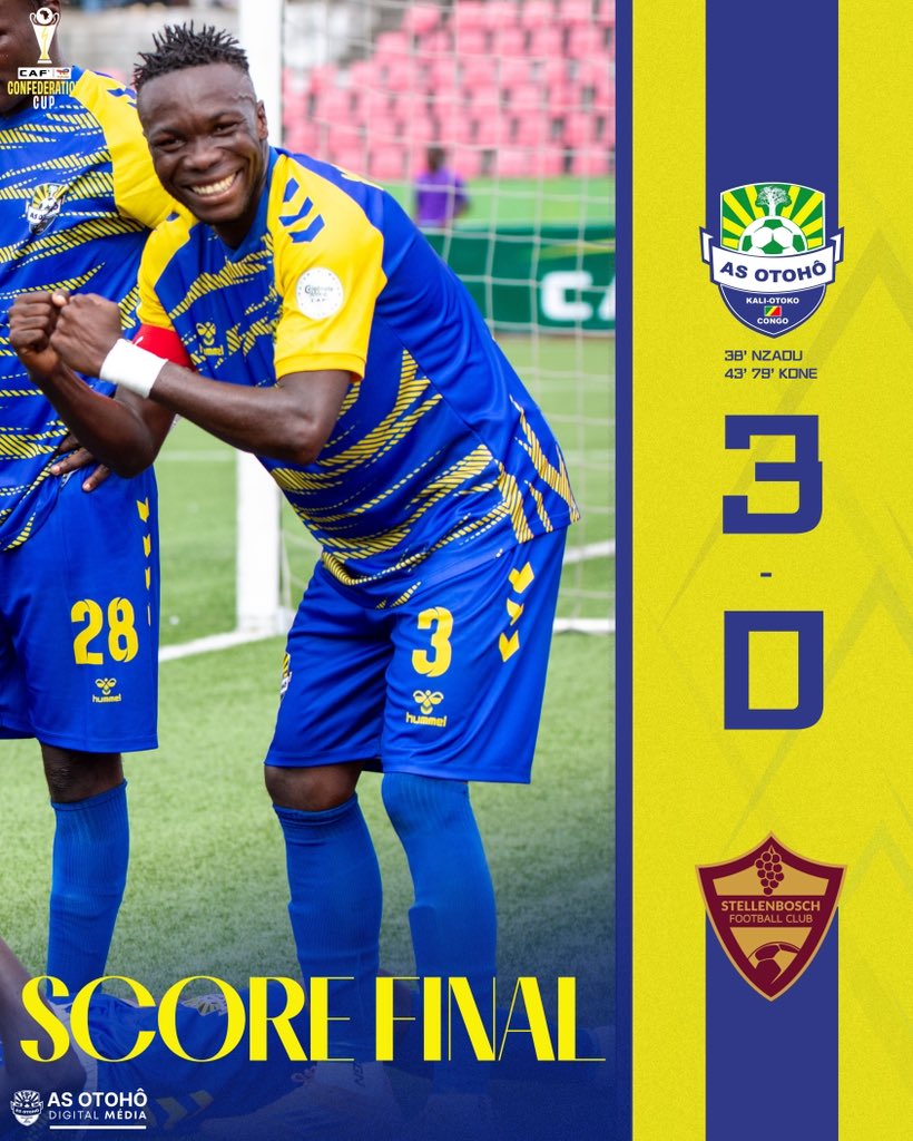 asotoho1's tweet photo. 🏁 SCORE FINAL

🔵🟡 AS OTOHÔ 3 – 0 STELLENBOSCH FC

✅ C’est fait ! Travail bien accompli, bravo les gars 👏
Prochain rendez-vous : le week-end prochain en Algérie pour la dernière journée 🇩🇿💪

#TotalEnergiesCAFCC #Obosso https://t.co/YgVXDEaDIt