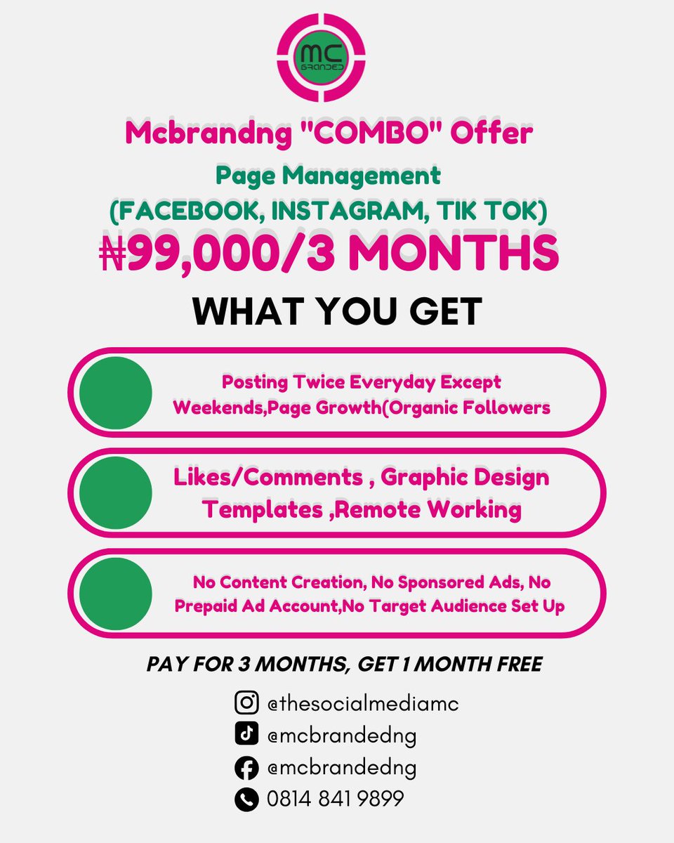 mcbrandedng's tweet photo. MCBRANDED COMBO OFFER IS HERE!
Why juggle multiple platforms when you can dominate them all? 📲✨
With our Instagram, Facebook & TikTok Combo, we help your brand show up consistently and grow organically.
..
CALL/WHATSAPP: 08148419899 for More Information.
..
#Instagram #facebook #TikTok #Youtube #Twitter
#xcreators #socialmediamanager
