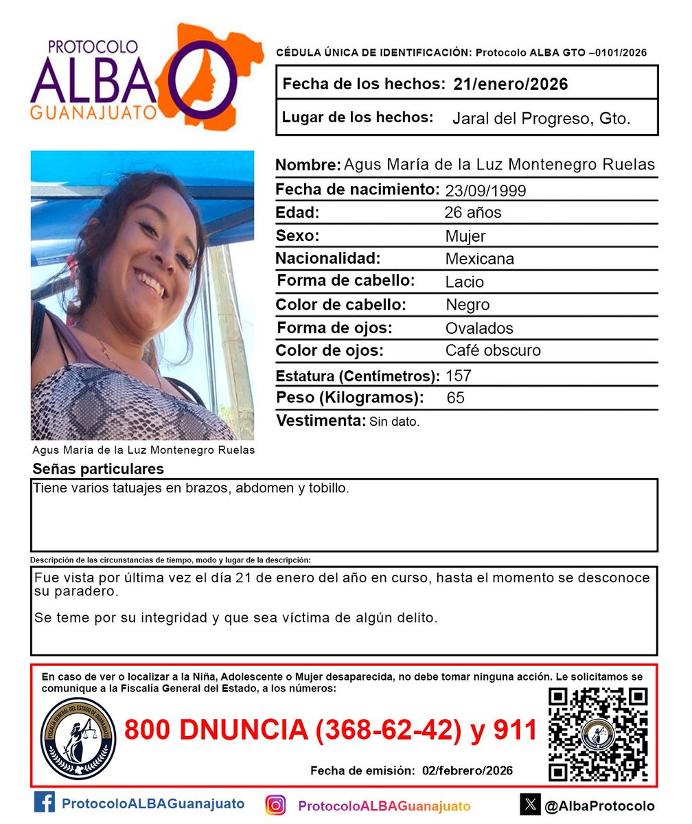 Activación de 𝙋𝙍𝙊𝙏𝙊𝘾𝙊𝙇𝙊 𝘼𝙇𝘽𝘼 de Agus María de la Luz Montenegro Ruelas, de 𝟮𝟲 𝗮𝗻̃𝗼𝘀 de edad, de 𝗝𝗮𝗿𝗮𝗹 𝗱𝗲𝗹 𝗣𝗿𝗼𝗴𝗿𝗲𝘀𝗼, 𝗚𝘁𝗼. 
¡Ayúdanos a localizarla!