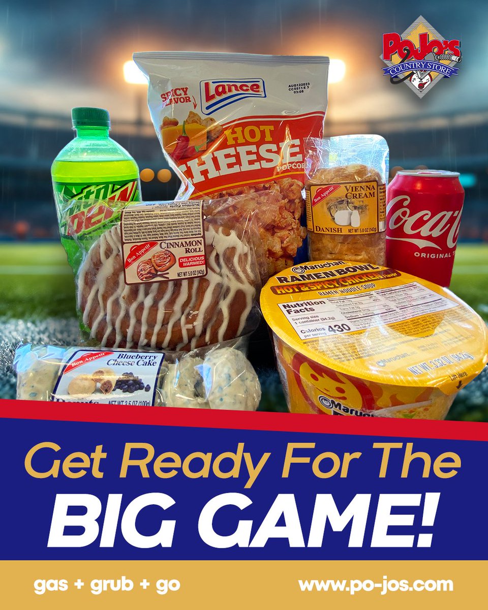 pojosstore's tweet photo. Get ready for tonight’s 𝐁𝐈𝐆 𝐆𝐀𝐌𝐄!🏈 It’s the night you’ve been waiting for - stock up on all your favorite snacks, sweets, and drinks before it’s too late!🍺

#PoJosCountryStore #PoJos #shoplocal https://t.co/P0ci9Cg7uH