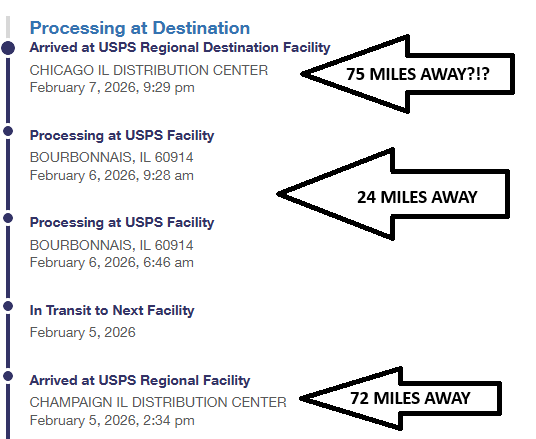 OmegaRangerRed's tweet photo. @USPS @USPSHelp just a suggestion...you'd save money if you got the items to the people efficiently.

Normally when I see something get to Champaign, I know it'll be here the next day.  It seems counter productive to send it EVEN FURTHER AWAY! https://t.co/NP15LMNXbN