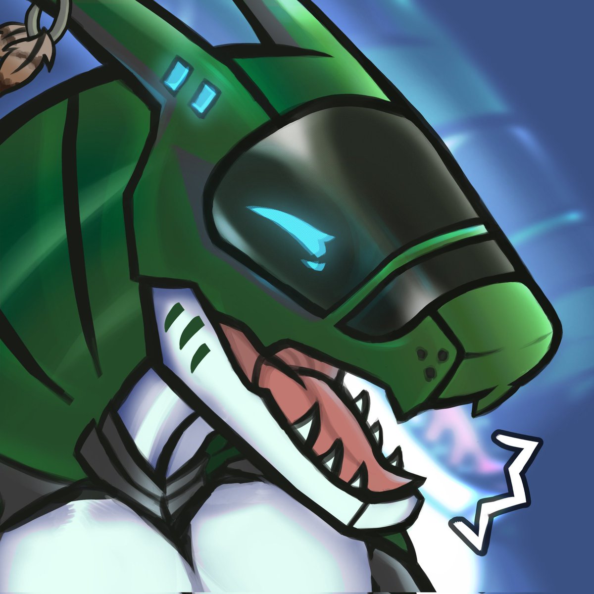 Headshot of my sergal as a synth doing a beep. Art by @/zowolfi