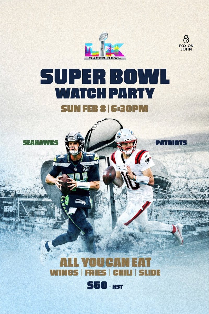 Join us TONIGHT for the Super Bowl as the Patriots take on the Seahawks at Fox on John! Enjoy our platters, drinks, big screen, and unforgettable game day vibes. 

Book now at hello.foxonjohn.ca 
106 John St, Toronto

#SuperBowlLX #PatriotsVsSeahawks #Toronto #FoxOnJohn