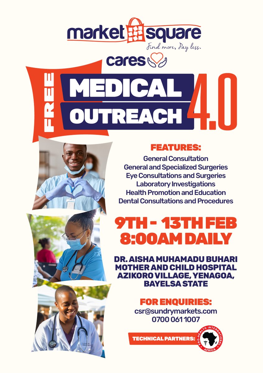 marketsquarengr's tweet photo. Your well-being comes first.
MarketSquare Cares invites you to the 4th edition of our Free Medical Outreach, providing essential healthcare services such as, free consultations, eye care, dental services, laboratory investigations, and health education, all at zero cost by qualified professionals.
📍 Azikoro Village, Yenagoa
🗓️ Feb 9–13 | ⏰ 8:00am daily

Walk in, bring your loved ones, and get the care you need.