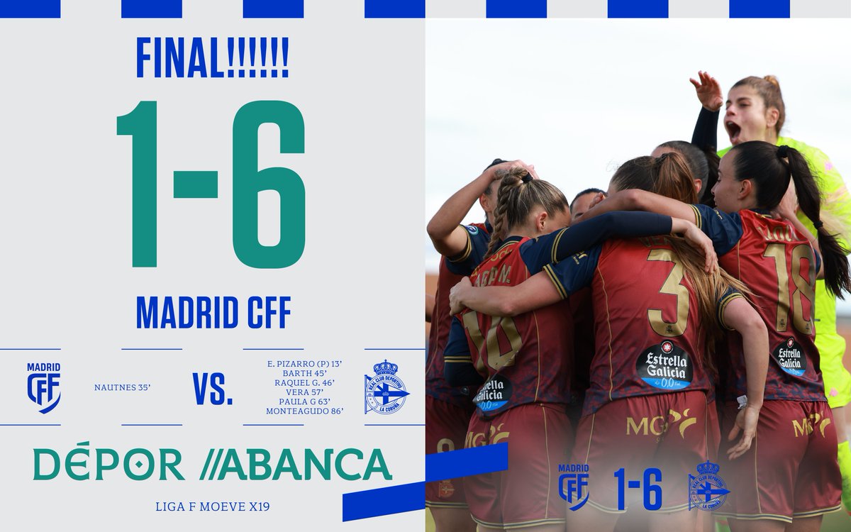 Fiiiiinaaaaal do partido!

⏱️ 90+5’ | 1️⃣ - 6️⃣ |

#MadridCFFDéporABANCA #LigaFMoeve