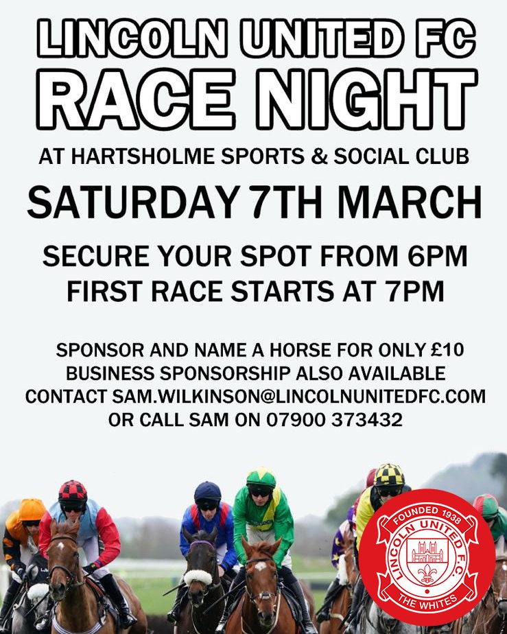 We're hosting a Race Night! 🏇 Contact now for your chance to secure your spot for a brilliant evening at Hartsholme! 🎉

📆 Saturday 7th March
📍 Hartsholme Sports &amp; Social Club
⏰ Doors open 6PM | First race 7PM
🐎 Sponsor &amp; name a horse for just £10

🏢 Business sponsorship