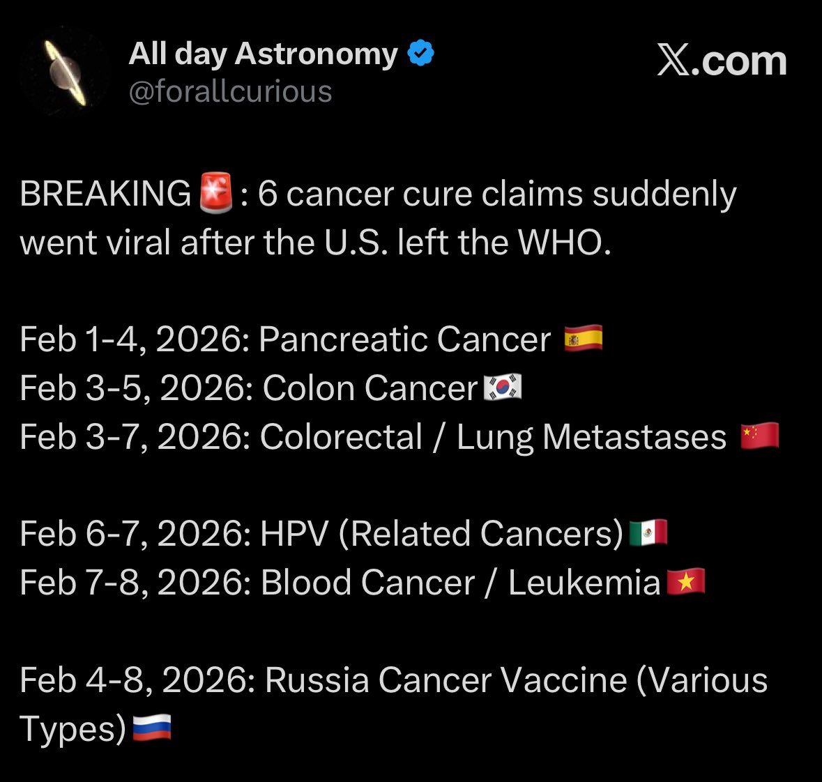 SeekingAnon's tweet photo. >U.S leaves WHO

>Multiple Countries discover potential cures and treatments for cancer over night

>Mega boom in medical science research  across the world

>what was holding them back? https://t.co/xpqudm33fM