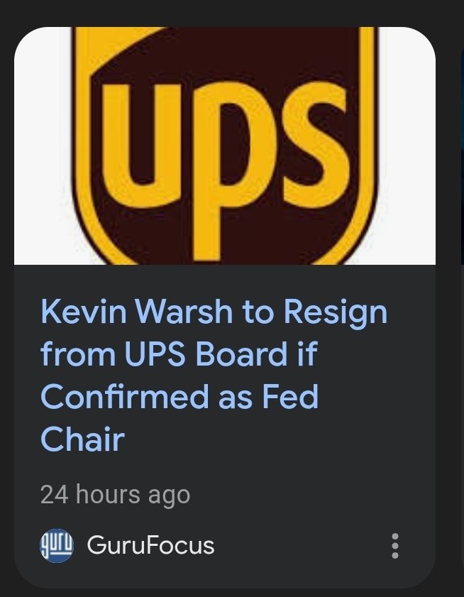 TheMoneyCam's tweet photo. Kevin Warsh is Fed, Ex to UPS https://t.co/shFh8GT3cI