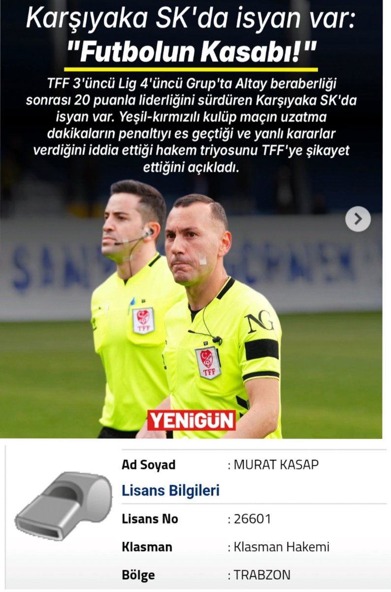 FUTBOLUN KASABI !!! 

t.rabzonlu Murat Kasap kötahya rakibi Ksk'yı da doğramıştı. Şimdi de Alanya'yı doğradı. Görev aldığı maçlarda köy takımını çok güzel kollayan "Eyyamcı hakemin" hesapları incelenmeli.. Verilen o kadar emeğe yazık!!!

<a href="/TFF_Org/">TFF</a> yatacak yerin yok!
#Eskişehirspor