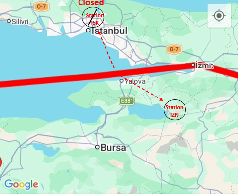 ❗️Good question <a href="/ycberat105/">Berat Yüce</a> .  There were two critical magnetometer stations positioned on the north and south sides of the fault line.   One was Istanbul (Station ISK) on the North and Iznik (Station IZN) on the South.  We need both stations to compare signals from the fault