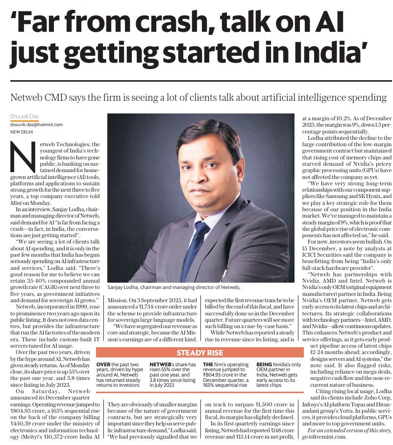 SamirPradhann's tweet photo. 🔥 Netweb Set To Grow 35-40% CAGR For Next 5 Years! 

AI spending in India is just beginning
The company is on track to cross ₹1,500 crore annual revenue in the near term.

Indian Clients - Zoho, Infy, Yotto etc https://t.co/4p8Qg51KuI
