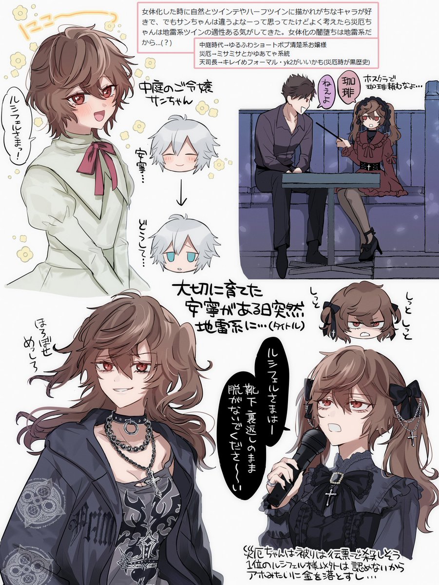 女体化(と謎のパロ)の絵 検証のために描き始めたけど描いてる途中やっぱ元の髪ショートヘアか襟足長いウルフみたいなのが一番可愛い～なった 
