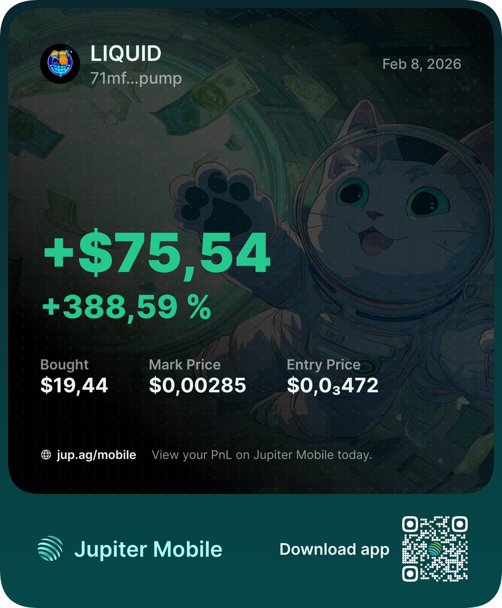 📊 My Meme Liquid (LIQUID) PnL Summary

💰 Total PnL: +$75,54 (38 859,07 %)
📈 Average Entry: $0,0₃472
💵 Current Price: $0,00285
🛒 Total Bought: $19,44
💸 Total Sold: $37,39

Tracked with Jupiter Mobile 🚀
