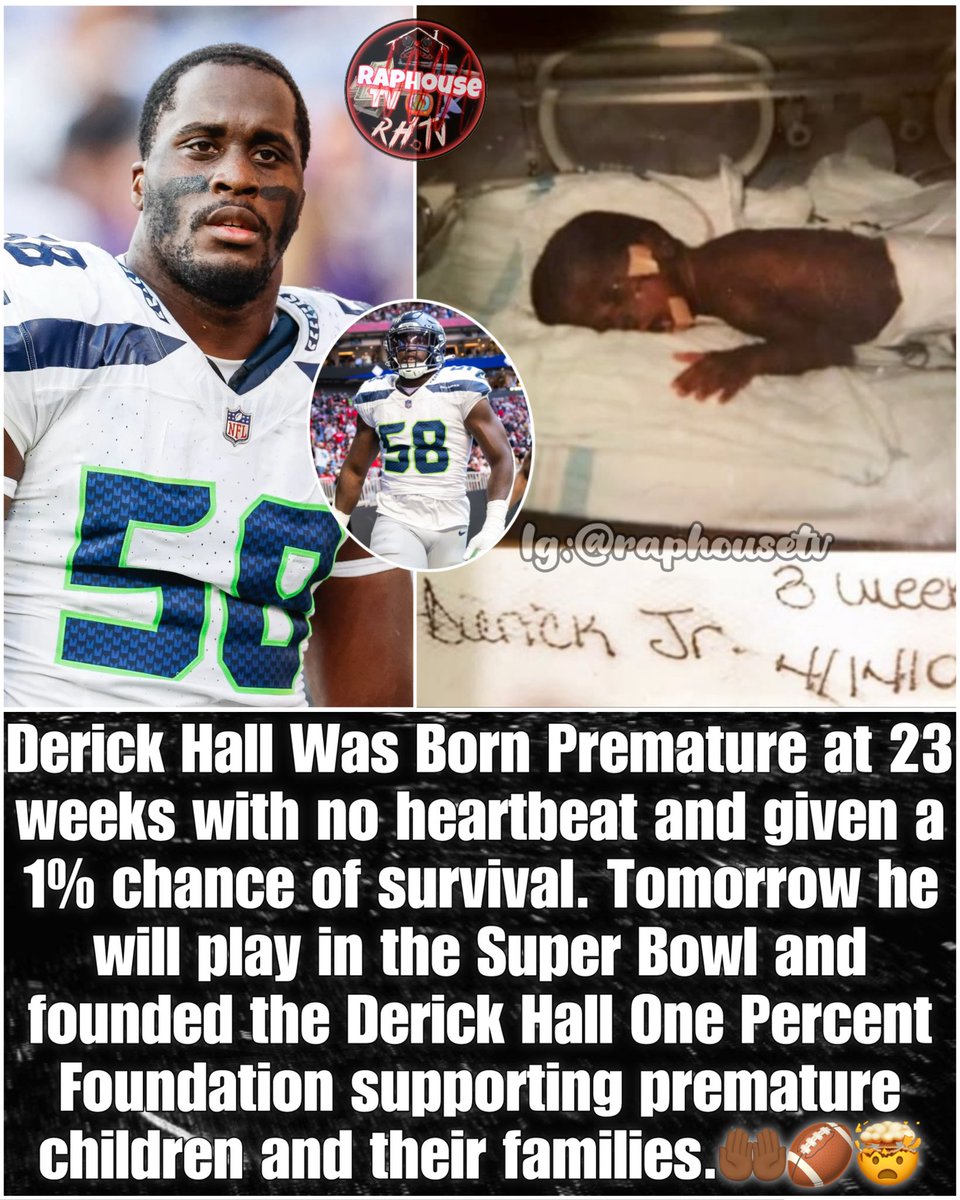 raphousetv2's tweet photo. Seahawks Derick Hall Was Born Premature at 23 weeks with no heartbeat and given a 1% chance of survival. Tomorrow he will play in the Super Bowl and founded the Derick Hall One Percent Foundation supporting premature children and their families.🤲🏾🏈🤯 https://t.co/K6CDxAnLeb