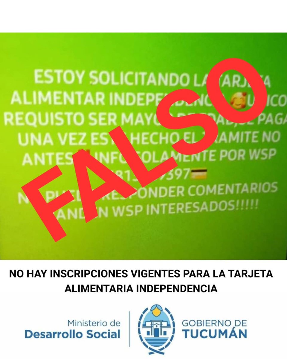 Alberto63842048's tweet photo. El Ministerio de Desarrollo Social de Tucumán informa a la ciudadanía que la Tarjeta Alimentaria Independencia no de otorga a través de gestiones particulares o intermediarios. No hubo ni hay inscripciones vigentes para la Tarjeta Alimentaria Independencia https://t.co/BY50QygcB6