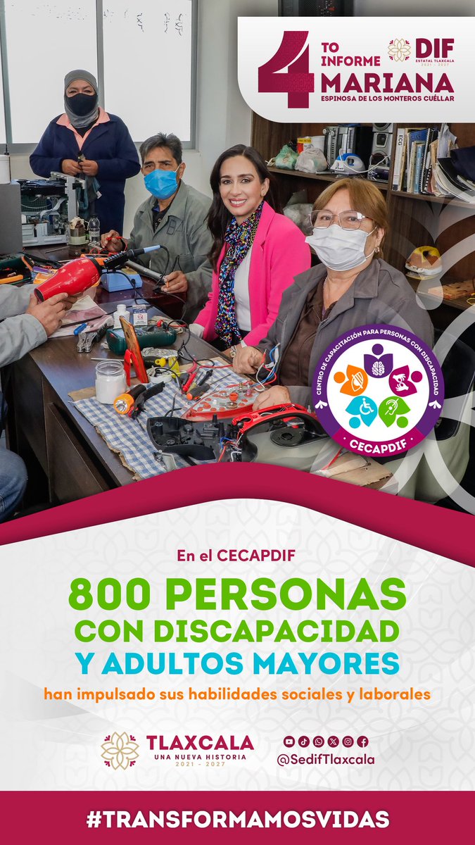 ✨ Transformar vidas es nuestra mayor satisfacción. En el #CECAPDIF, 800 personas con discapacidad y adultos mayores fortalecieron sus habilidades sociales y laborales. 🛠️ El talento no tiene límites. 💜
#TransformamosVidas #4toInformeSEDIFTlaxcala <a href="/Mariana_tlx/">Mariana Espinosa de los Monteros</a> . @SEDIFTlaxcala