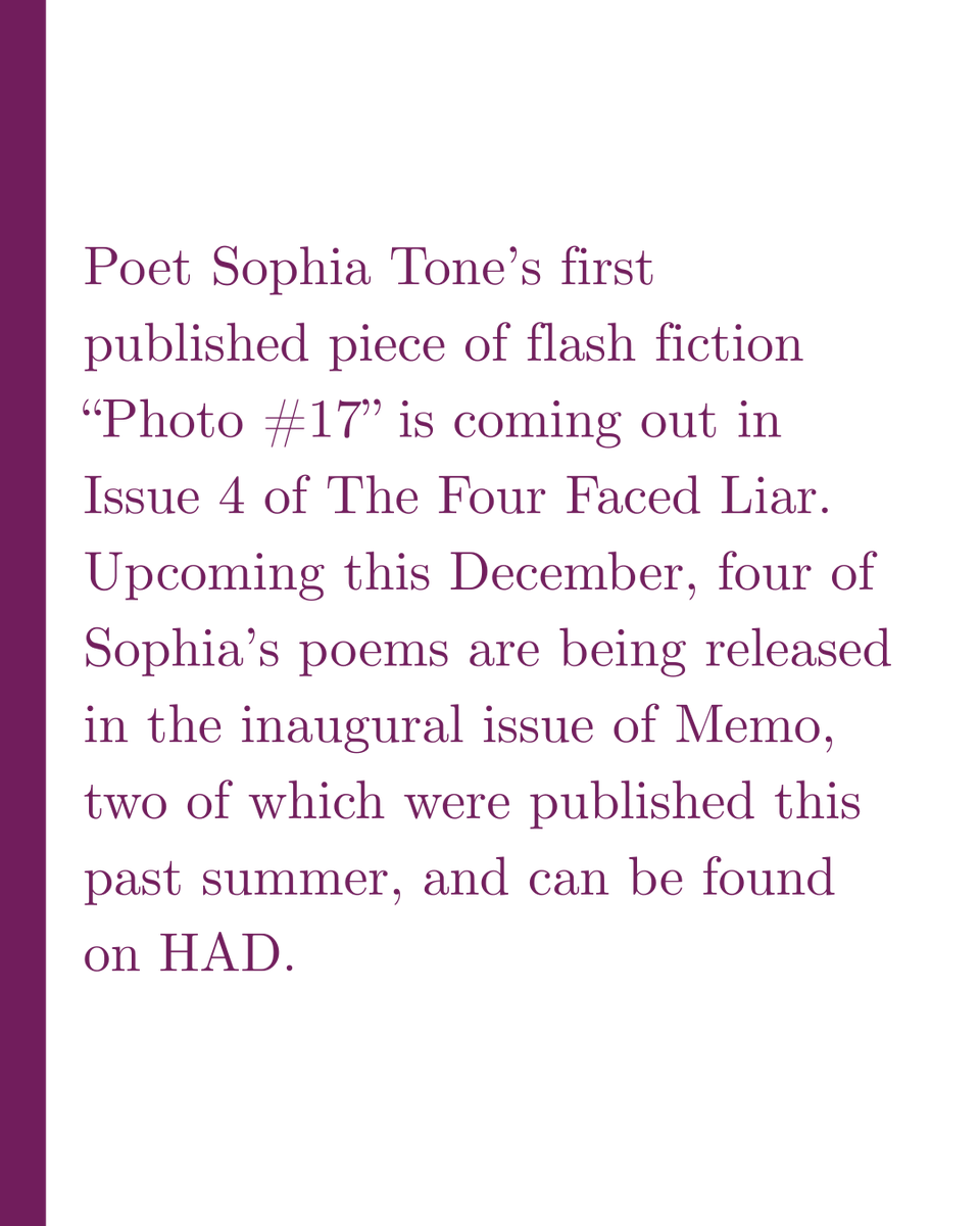 the4facedliar's tweet photo. Sophia Tone's flash fiction piece "Photo #17" was selected as Highly Commended by judge Cathy Sweeney. Read more below, and check out Memo and HAD at the links. Follow Sophia on Instagram: lilso3, and on X: @lilso3x 

https://t.co/GC7sq08SCv

https://t.co/rD92MTlIzn https://t.co/bWw4CYq5CK