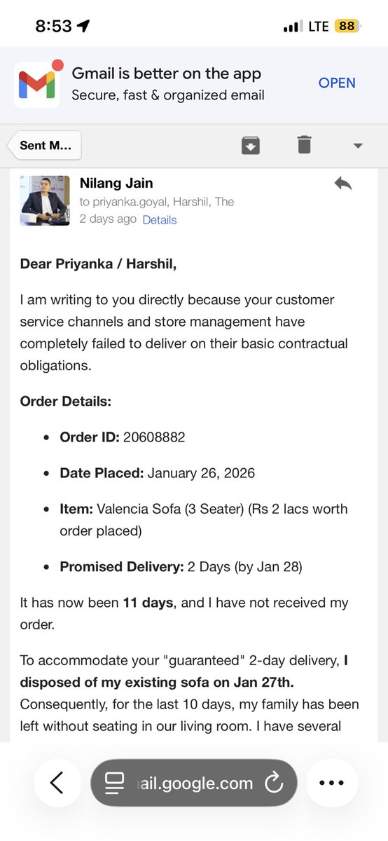 nilang_jain's tweet photo. @TheSleepCo_ @TheSleepCo_ I have dropped an email marking founders and customer care narrating the entire issue. There has been absolutely no response on the email or resolution to the compliant. It’s a very disappointing experience and much larger inconvenience to live in a house with a sofa https://t.co/Oyrzckgiow