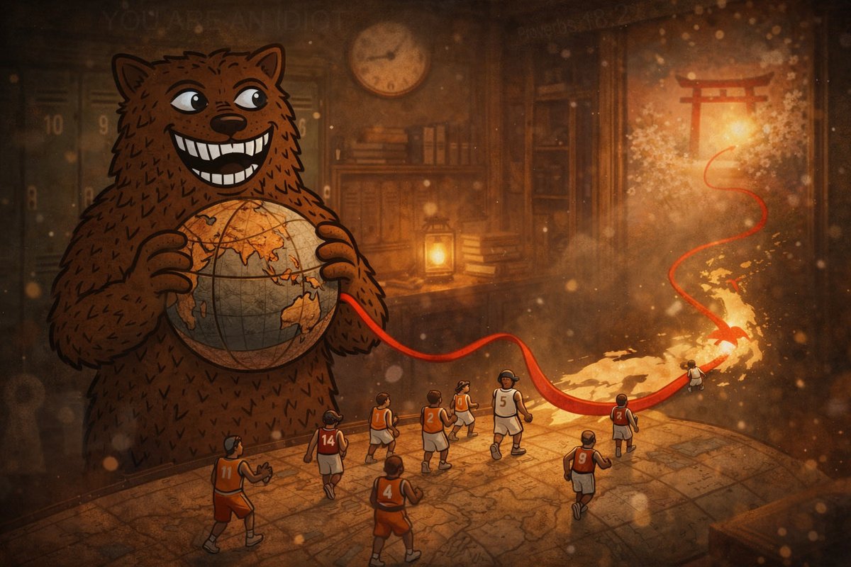 🧵🧠 DECODE TIME 🧠🧵

This image is OBVIOUSLY $FUZZY playing Around The World with the DEV KEYS.

The globe = the ball.
The players = you.
You = exit liquidity.
The red ribbon = the conspiracy string.

Japan, because you’re getting nuked.

Hot potato 🥔