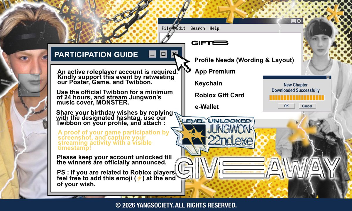 ⠀
⌁ Jungwon's new chapter is now running. To celebrate this milestone, a special 𝗴𝗶𝘃𝗲𝗮𝘄𝗮𝘆 has been deployed within 404 system. Follow the rules below to gain access, unlock this reward, and proceed to his next stage. 🌐 💭
⠀