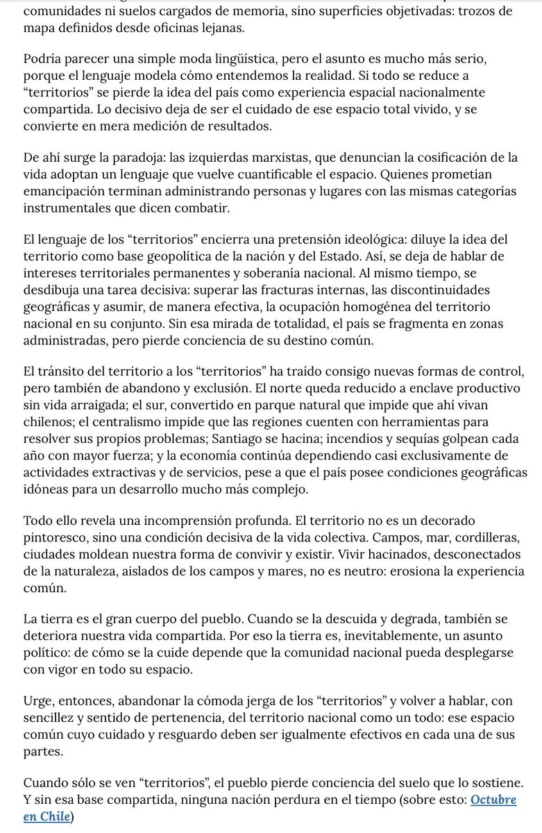 Sobre la retórica izquierdista (<a href="/elfrente_amplio/">Frente Amplio Chile</a>) de "los territorios" y su daño a la comprensión unitaria del espacio nacional y a la integración equitativa del pueblo al paisaje: elmostrador.cl/noticias/opini…