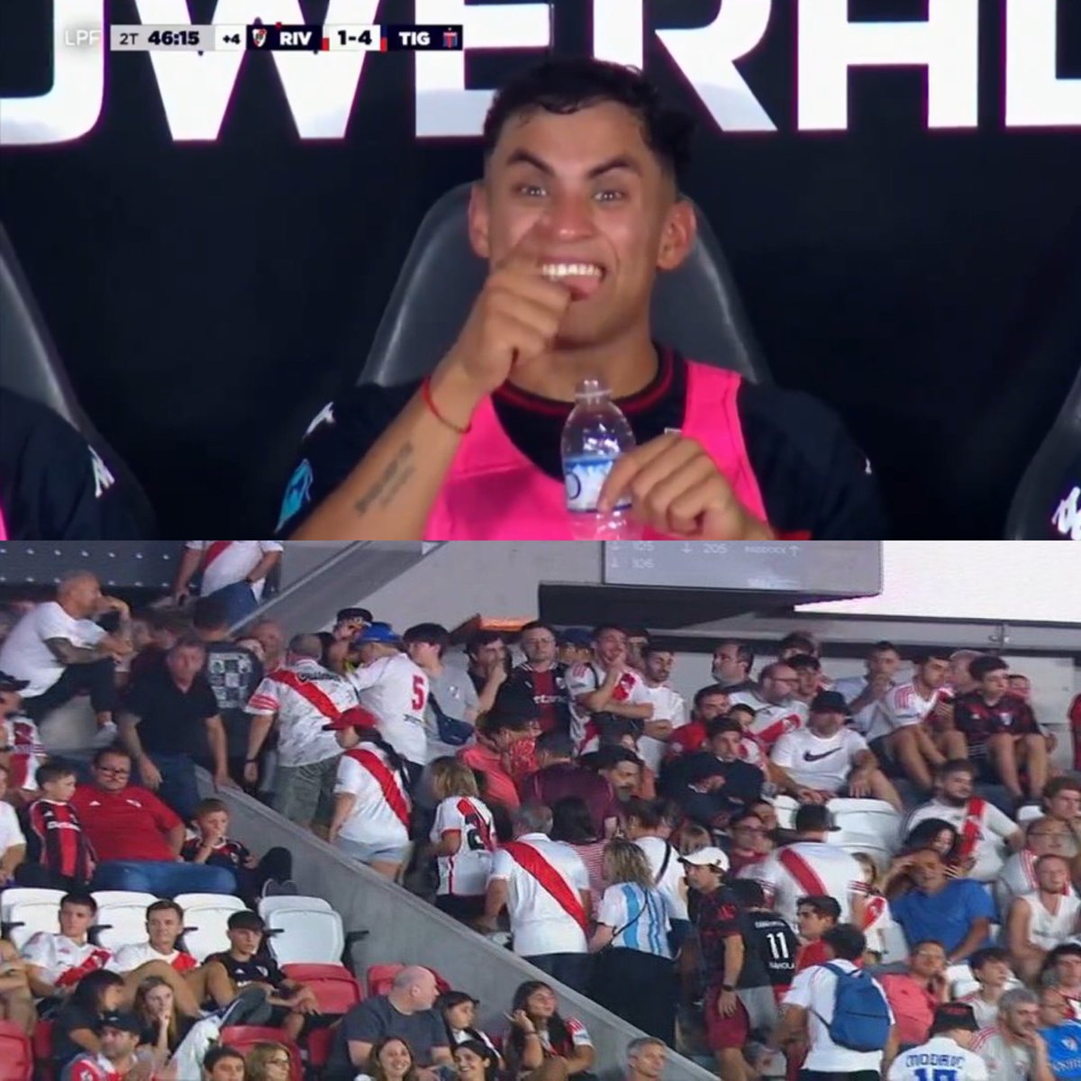 Juezcentral's tweet image. Ayer, el camarógrafo de River-Tigre nos dio una de las tomas del año.

River pierde 4-0 de local. Las cámaras enfocan a David Romero, que acababa de salir de cambio como figura, con 2 asistencias y 1 gol. 

Romero, sonriendo, señala las tribunas y dice "SE VAN, SE VAN!".

Y el…