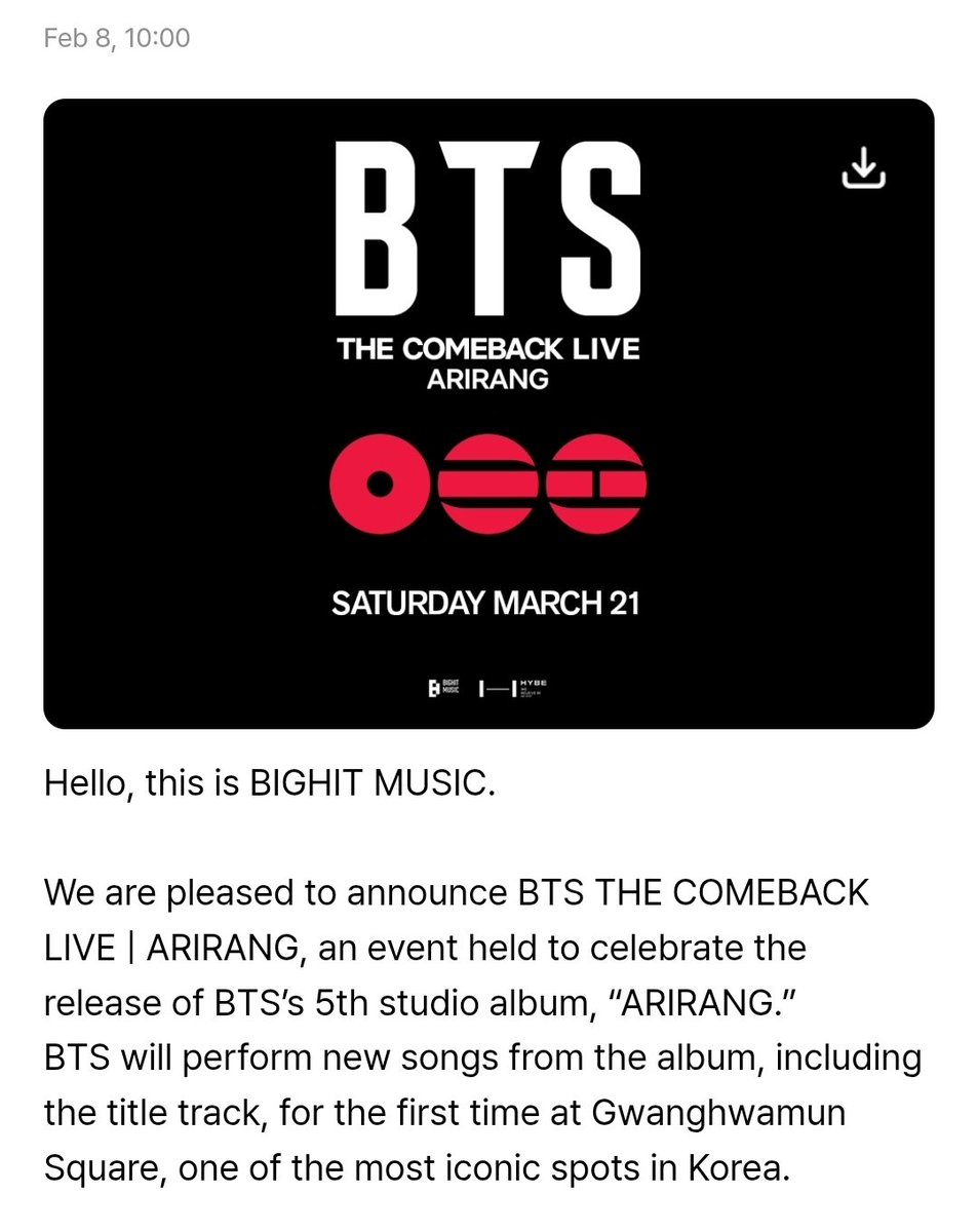 Ritatome6's tweet photo. A free concert before they went. A free concert when they return. No one does it like BTS. 

#ARIRANG #BTSComeback2026 https://t.co/9X6c3CklXO