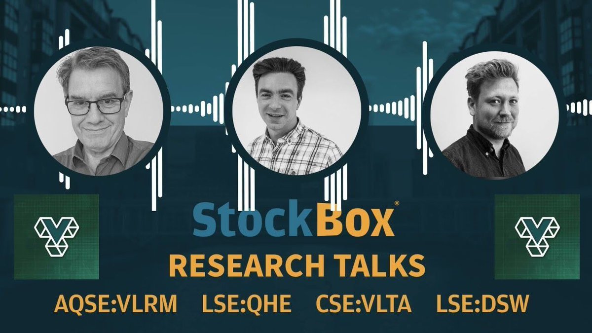 StockBoxMedia's tweet photo. Coming soon on the latest #ResearchTalks with @StockBoxMedia @MarkEJFairbairn, @Alan__Green @Brand_UK & writer @danielflynn92.
TUNE IN FROM 6PM TONIGHT!
Featuring:
➡️ @ValereumPLC (AQSE: VLRM)
➡️ @quantum_helium (LSE: QHE)
➡️ @VoltaMetals (CSE: VLTA)
➡️ DSW Capital (LSE: DSW)